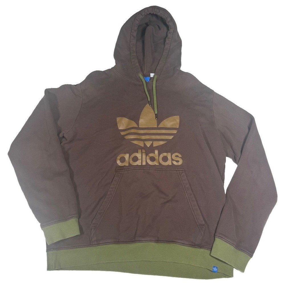 Adidas Trefoil Logo Hoodie XL Brown W/Green 2-tone Vintage Cotton Blend READ